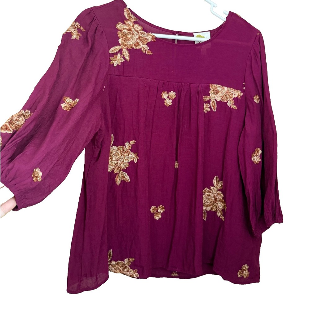 Fig & Flower Gold Embroidered Peasant Top PL Boho Floral Balloon Slv Cottagecore